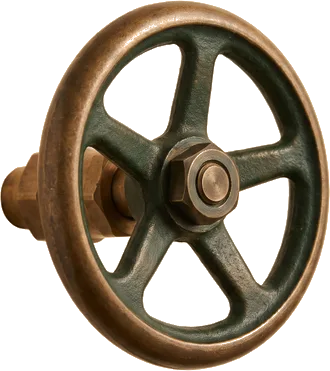 Round wheel-handle of a brass valve, isolated on a transparent background, styled to match the hero image, not a photograph