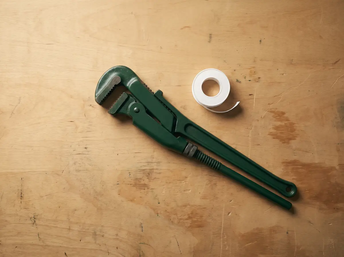 Overhead illustration of a pipe wrench and a spool of plumber's tape laid out on a worn workbench, styled still life, not a photograph of the business's own tools
